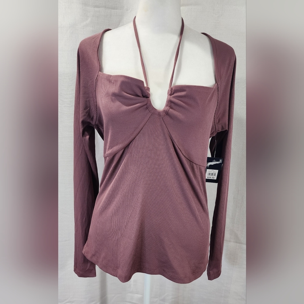 Lucky Mauve Rose Brown Long Sleeve keyhole halter top LG NEW